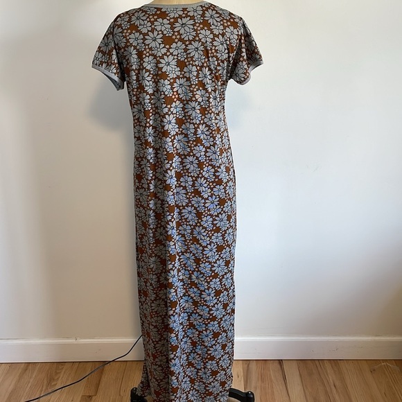 Retro Floral Nightgown PJ Boho Med Brown Maxi Stretch Dress Hippie VTG Artsy - Picture 10 of 14